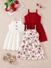 Young Girls Suspenders Fashion Flower Print Solid Color Button Casual Dress